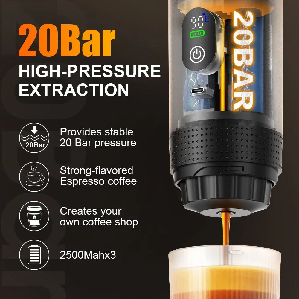 Macchina per caffè espresso portatile Foombthe con display digitale, macchina per caffè a capsule 3 in 1 per auto e casa, macchina per caffè da campeggio