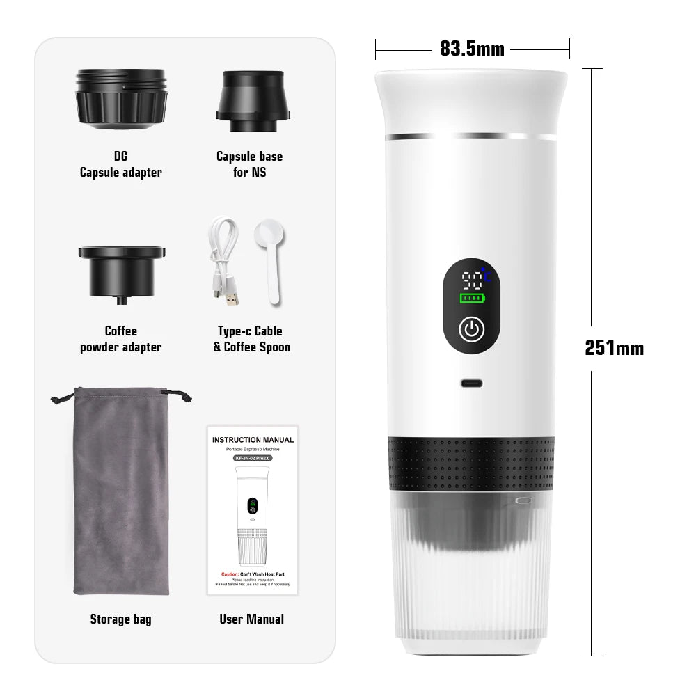 Macchina per caffè espresso portatile Foombthe con display digitale, macchina per caffè a capsule 3 in 1 per auto e casa, macchina per caffè da campeggio