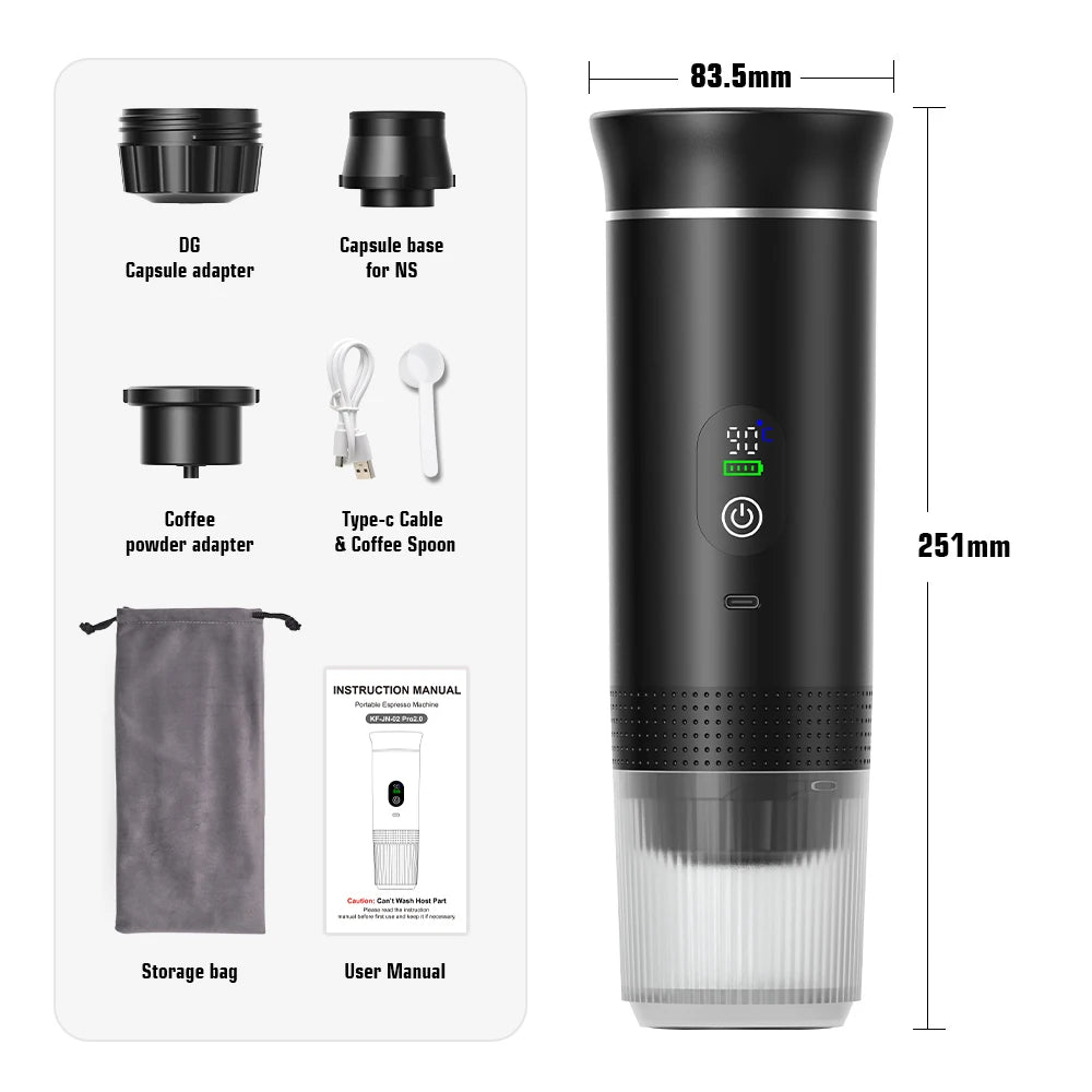 Macchina per caffè espresso portatile Foombthe con display digitale, macchina per caffè a capsule 3 in 1 per auto e casa, macchina per caffè da campeggio