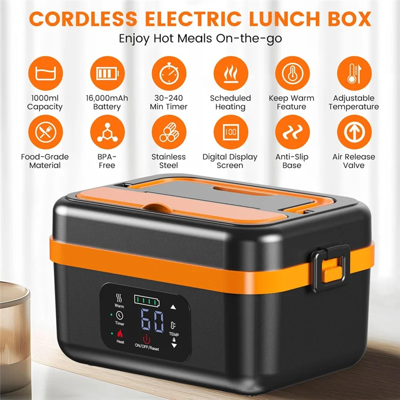 microonde portatile-Scatola per il pranzo elettrica senza fili, scaldavivande autoriscaldante ricaricabile con batteria da 16000 mAh, per lavoro/viaggi/auto/ufficio