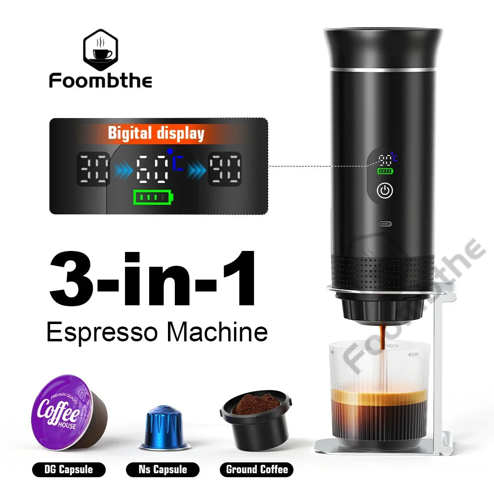 Macchina per caffè espresso portatile Foombthe con display digitale, macchina per caffè a capsule 3 in 1 per auto e casa, macchina per caffè da campeggio