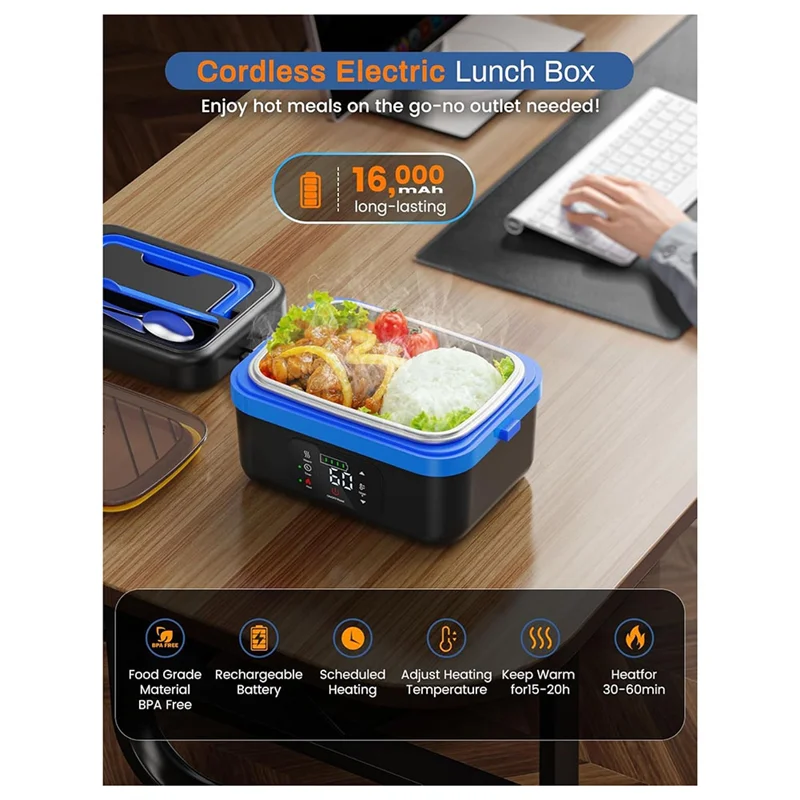 Lunch box elettrico senza fili, scaldavivande ricaricabile con batteria da 16000 mAh, per lavoro/viaggio/auto/ufficio - A77G